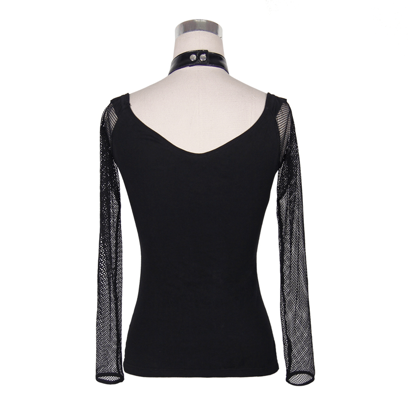 Back view of women's black cotton top with mesh sleeves and stylish V-neck, perfect for goth and punk rock fashion.