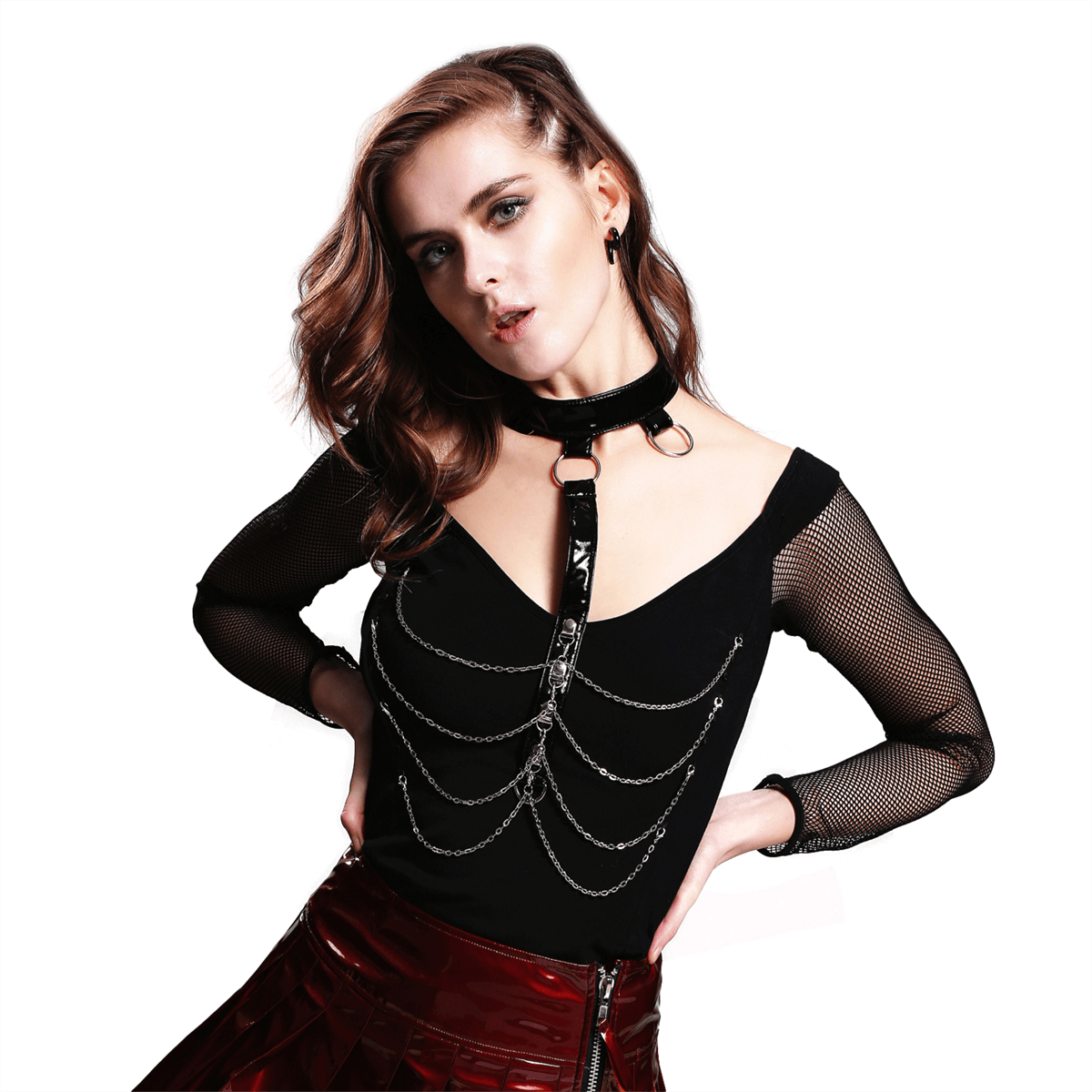 Steampunk gothic women's black top with chains and mesh sleeves, perfect for punk rock style.