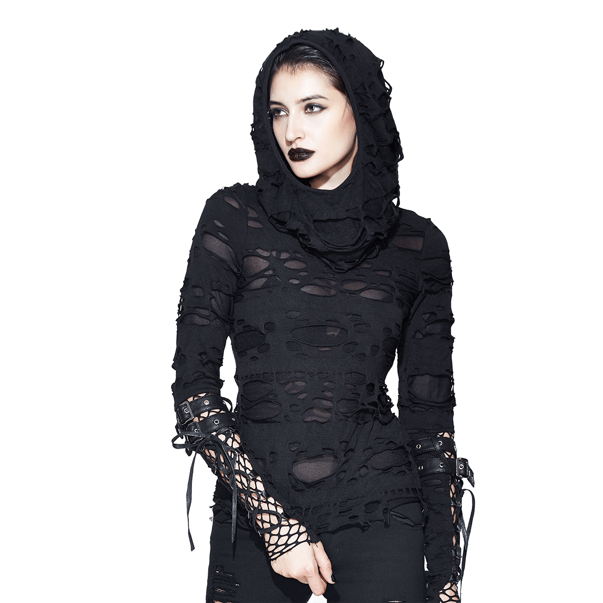 Steampunk Hole Hoodie with Leather Straps / Gothic Style Long Sleeves Top - HARD'N'HEAVY