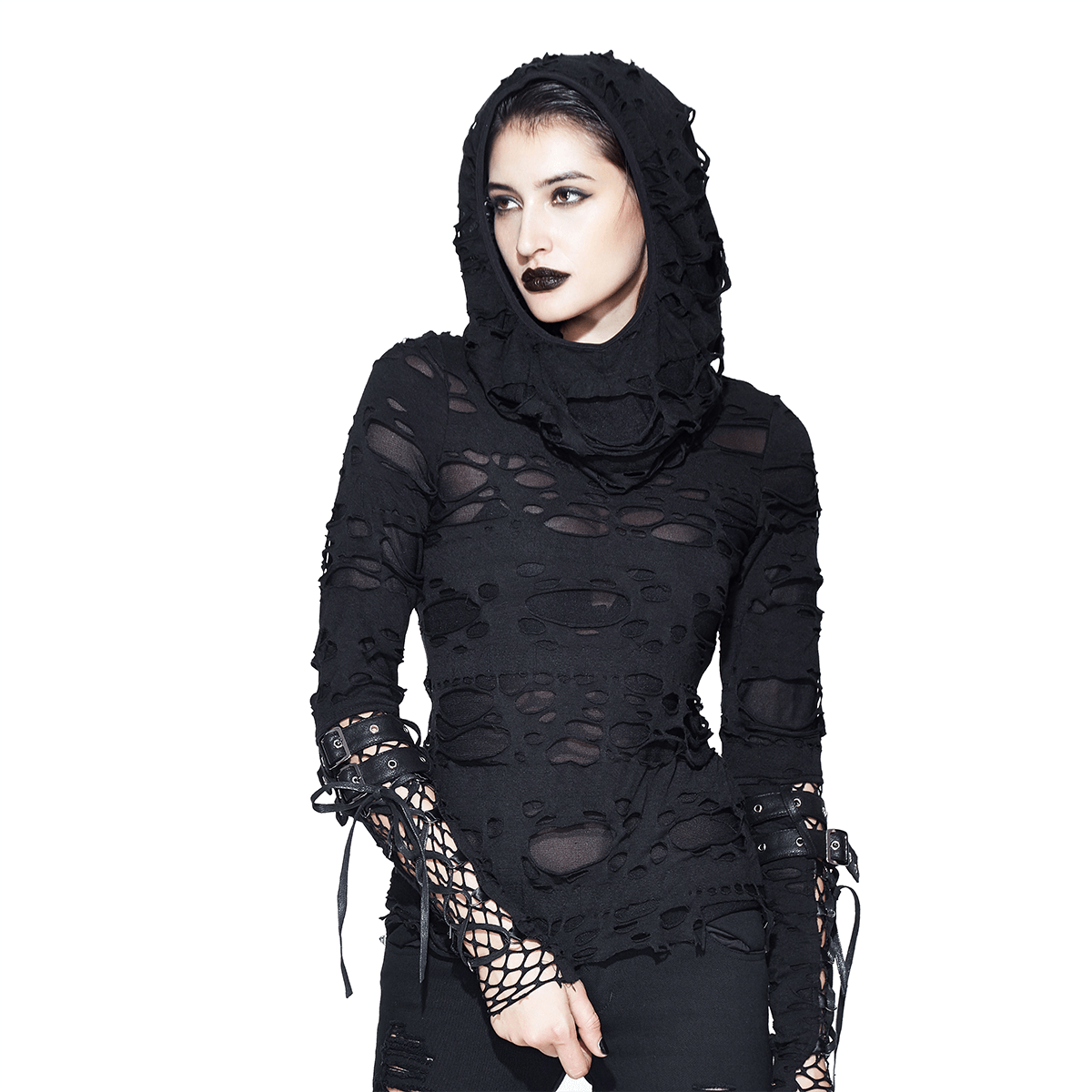 Women wearing a black steampunk hoodie with leather straps and distressed details, showcasing gothic style long sleeves.
