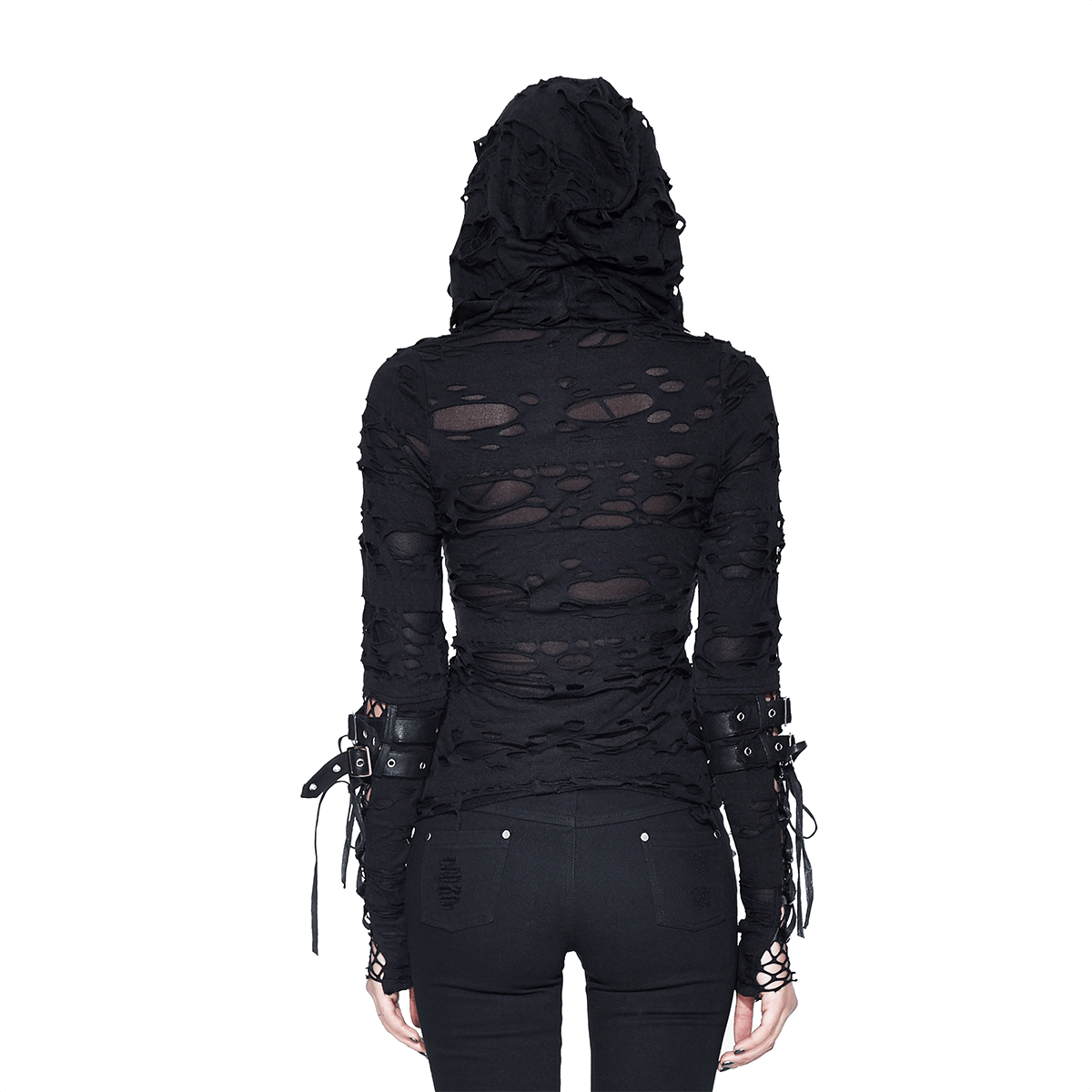 Back view of women's black steampunk hoodie with torn inserts and stylish leather straps.