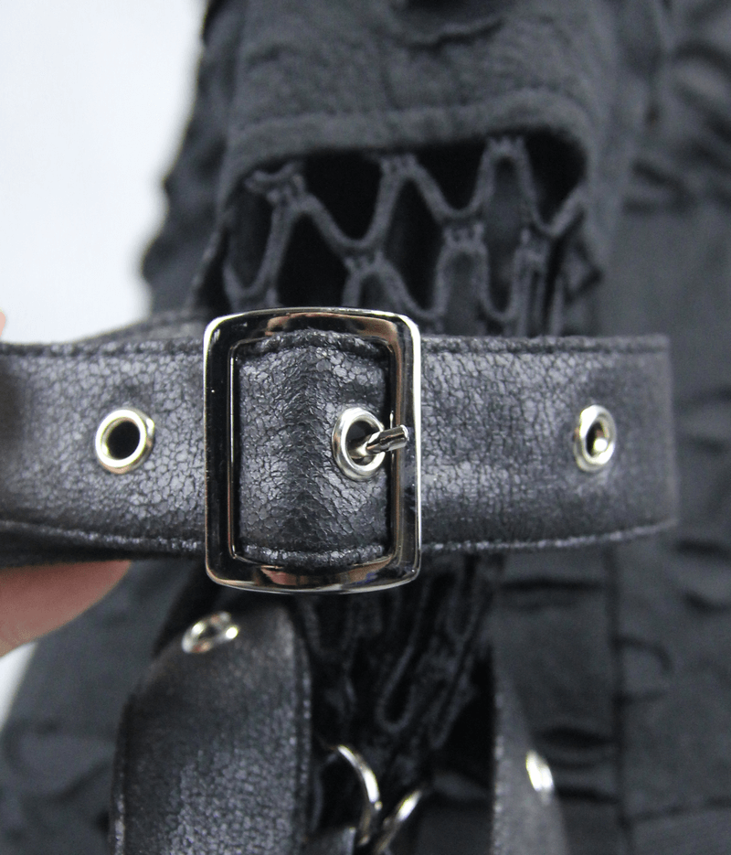Close-up of black leather strap with buckle detail on steampunk hoodie for women's gothic fashion.