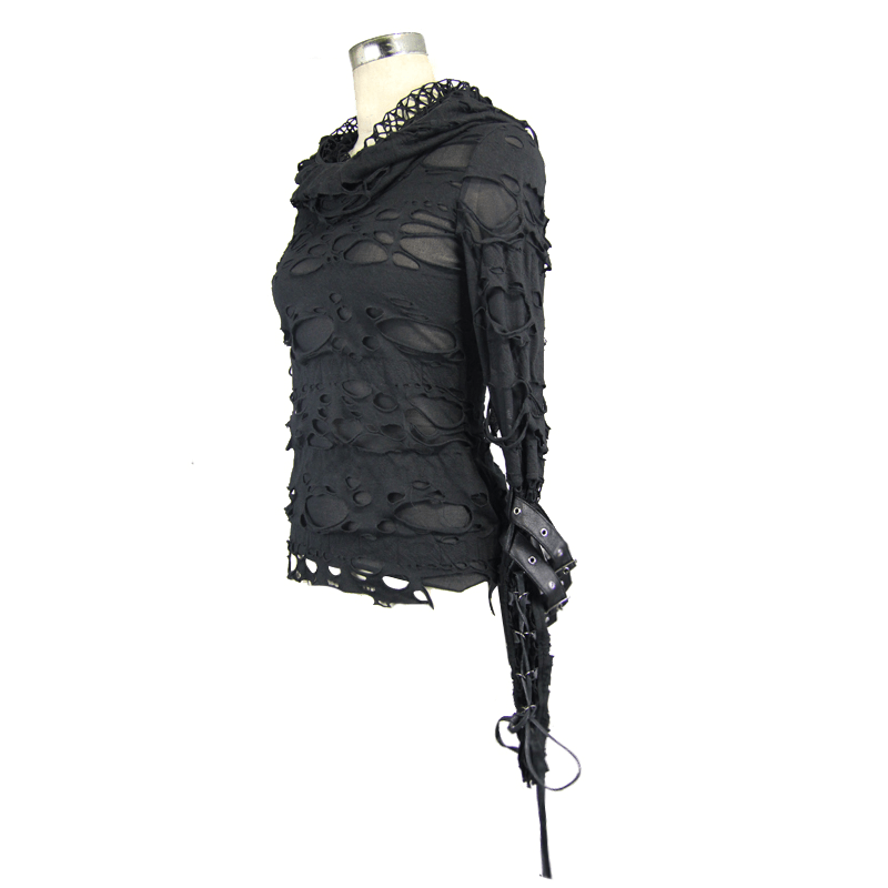 Steampunk black long sleeve hoodie with leather straps and torn inserts, perfect gothic fashion statement.