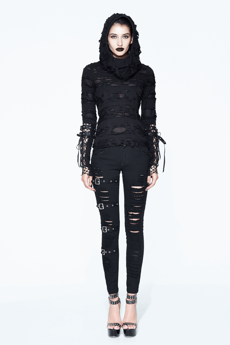 Women's black steampunk hoodie with leather straps and distressed long sleeves, perfect for a gothic fashion statement.