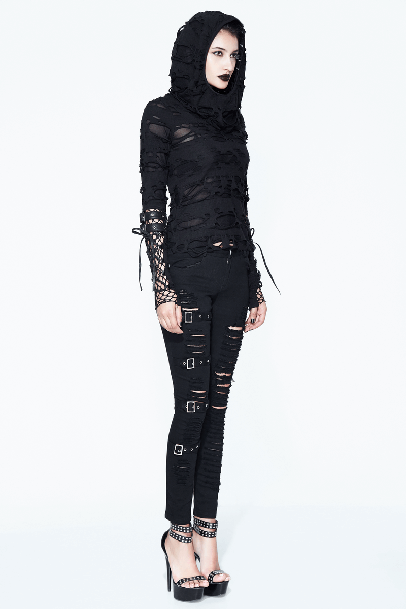 Steampunk Hole Hoodie with Leather Straps / Gothic Style Long Sleeves Top - HARD'N'HEAVY