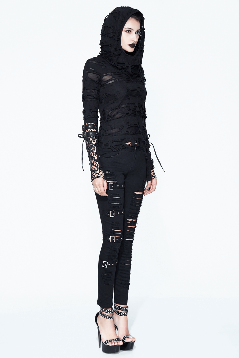Steampunk hole hoodie with leather straps in black, paired with ripped jeans for a gothic-inspired look.