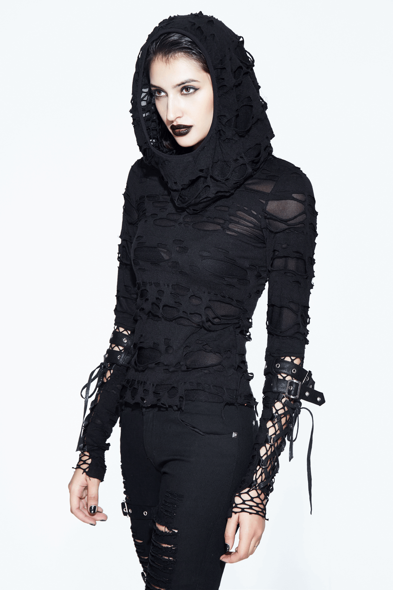 Women in a black long sleeve steampunk hoodie with leather straps and torn inserts, showcasing gothic fashion.