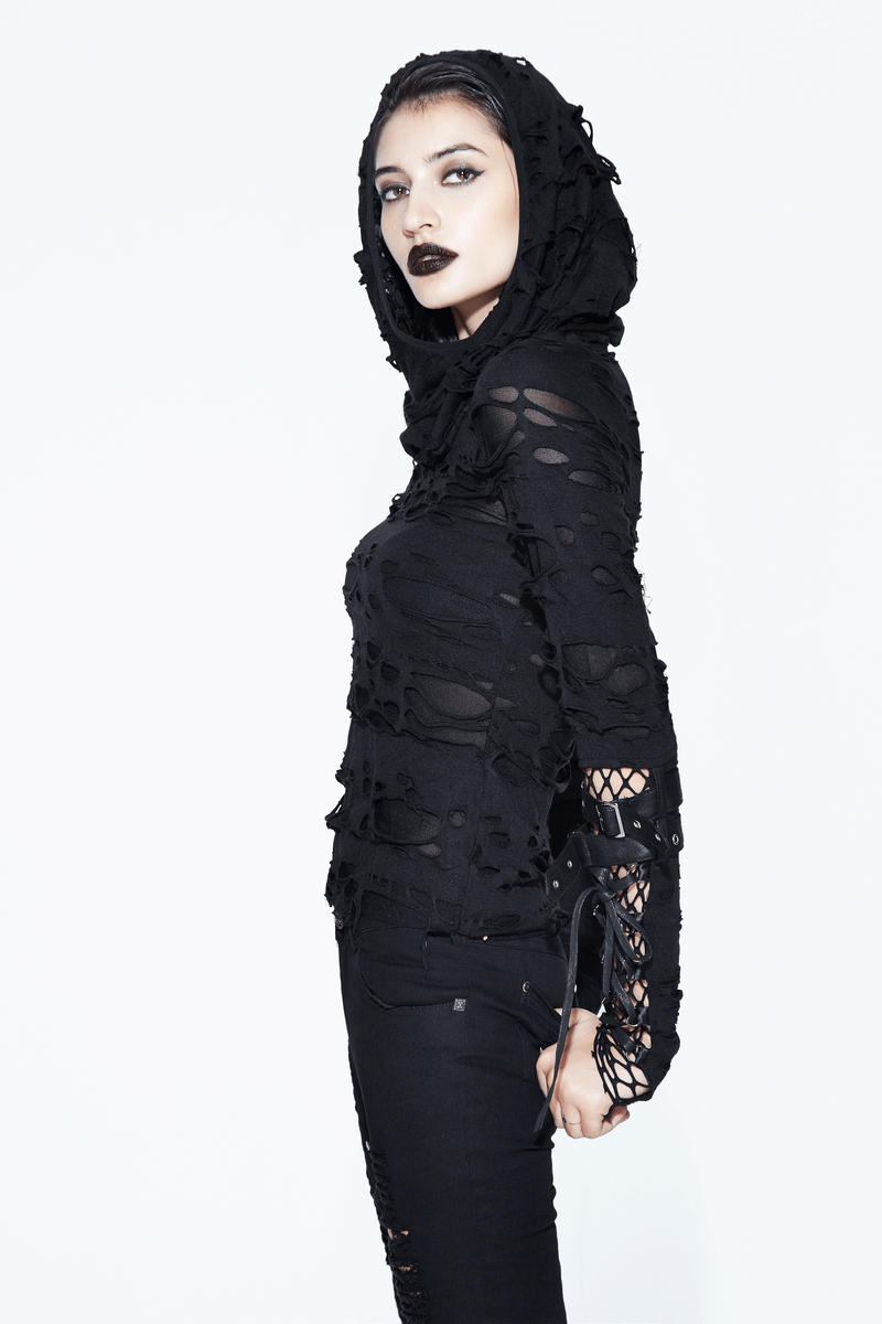 Women's black long sleeve steampunk hoodie with leather straps, torn details showcasing gothic fashion.