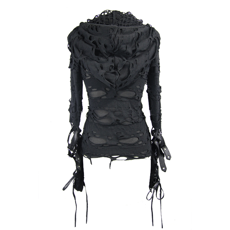 Women's steampunk black hoodie with leather straps and torn inserts, perfect for a gothic fashion statement.