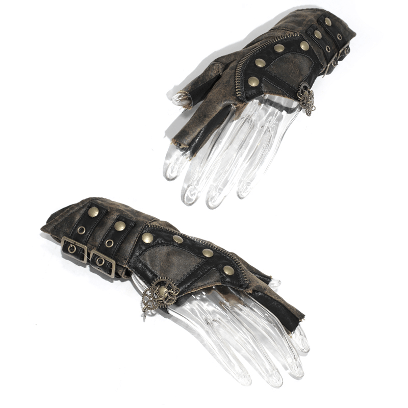 Steampunk Leather Gloves with Rivets / Asymmetrical Brown Gloves with Gears - HARD'N'HEAVY