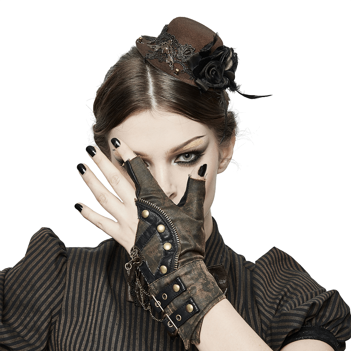 Steampunk Leather Gloves with Rivets / Asymmetrical Brown Gloves with Gears - HARD'N'HEAVY