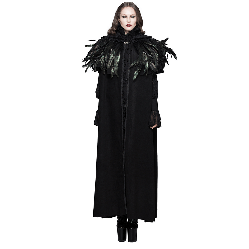 Steampunk Long Cloak Coat with Detachable Feathers / Warm Loose Velvet Hooded Overcoats