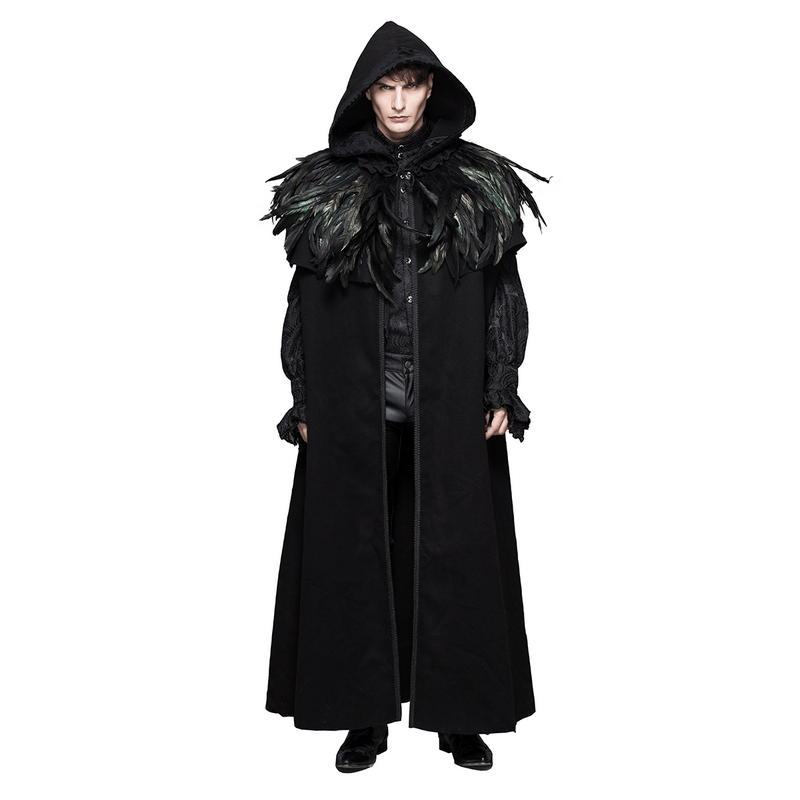 Steampunk Long Cloak Coat with Detachable Feathers / Warm Loose Velvet Hooded Overcoats