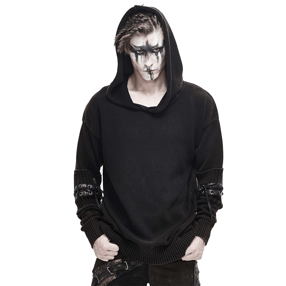 Men's black steampunk long sleeve hoodie with lace-up details, perfect for gothic and trendy fashion styles.