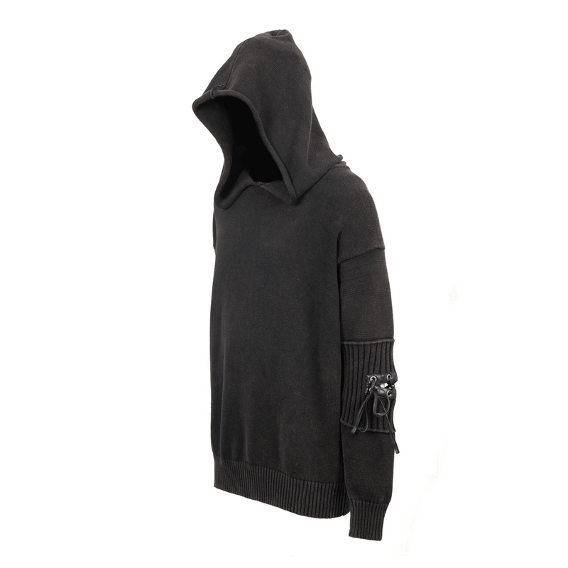 Steampunk long sleeves hooded sweater in black with lace-up detail, perfect for a trendy men's fashion statement.