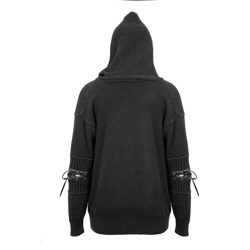 Men's black steampunk hoodie with lace-up sleeves and hood, perfect for unique style and comfort.