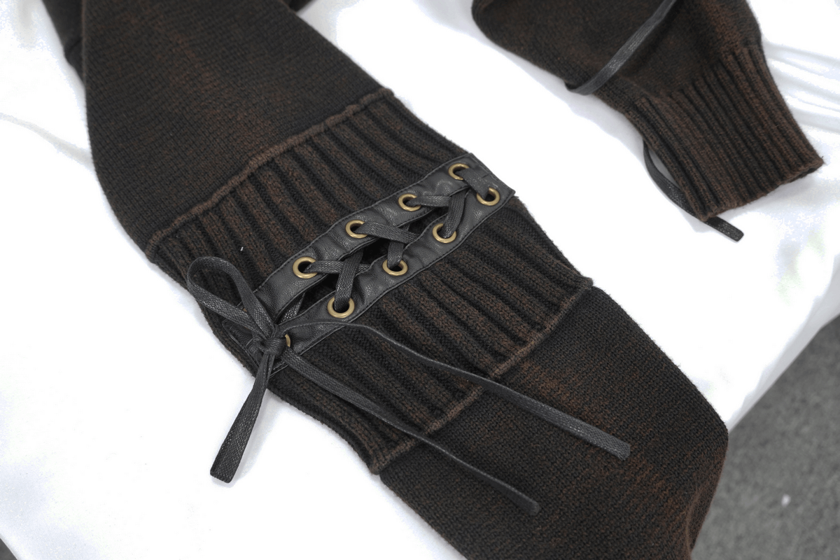 Close-up of steampunk men's hoodie sleeve with lace-up details and ribbed design, perfect for trendy steampunk style.