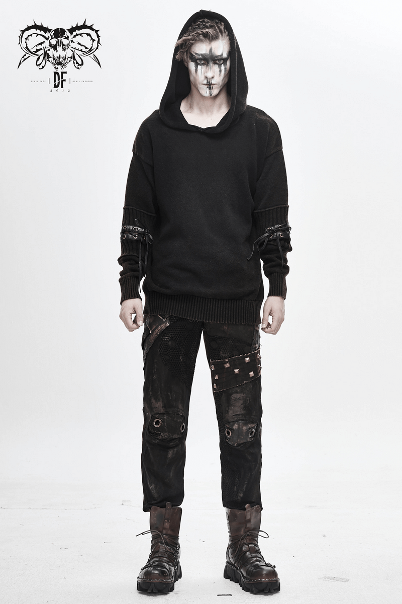 Men's steampunk black loose hoodie with lace-up sleeves, paired with edgy pants and combat boots.