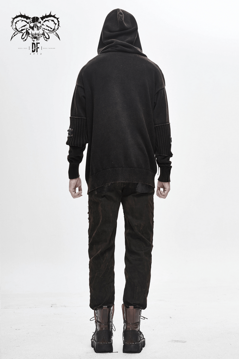 Back view of a man wearing a black steampunk long sleeves hooded sweater with lace-up sleeves.