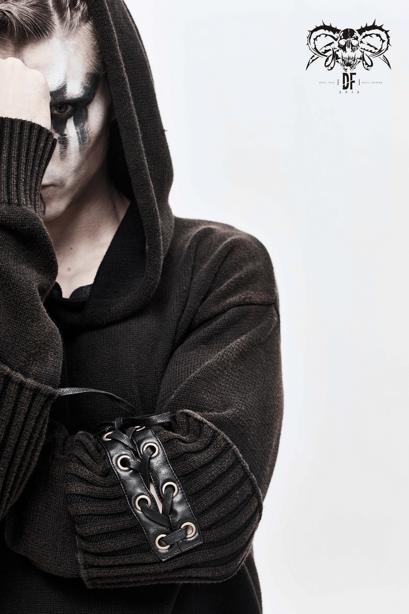 Men's black steampunk hoodie with lace-up sleeves and a hood, perfect for a trendy, edgy look.