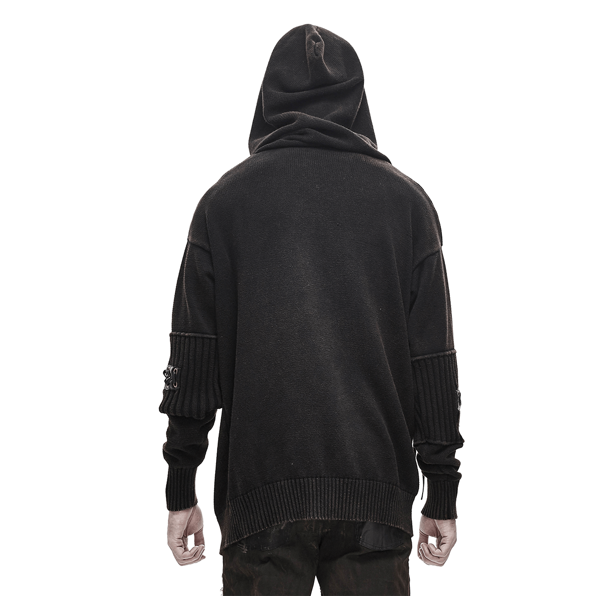 Back view of a men's black loose steampunk hoodie with lace-up sleeves and a hood, perfect for unique fashion.