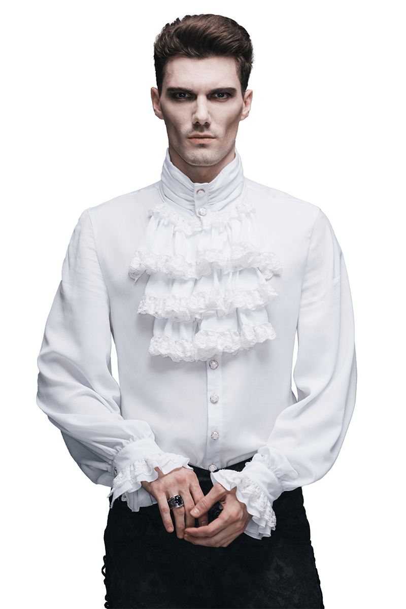 Steampunk male model wearing a white vintage flounce tie shirt with ruffles, showcasing gothic style elegance.