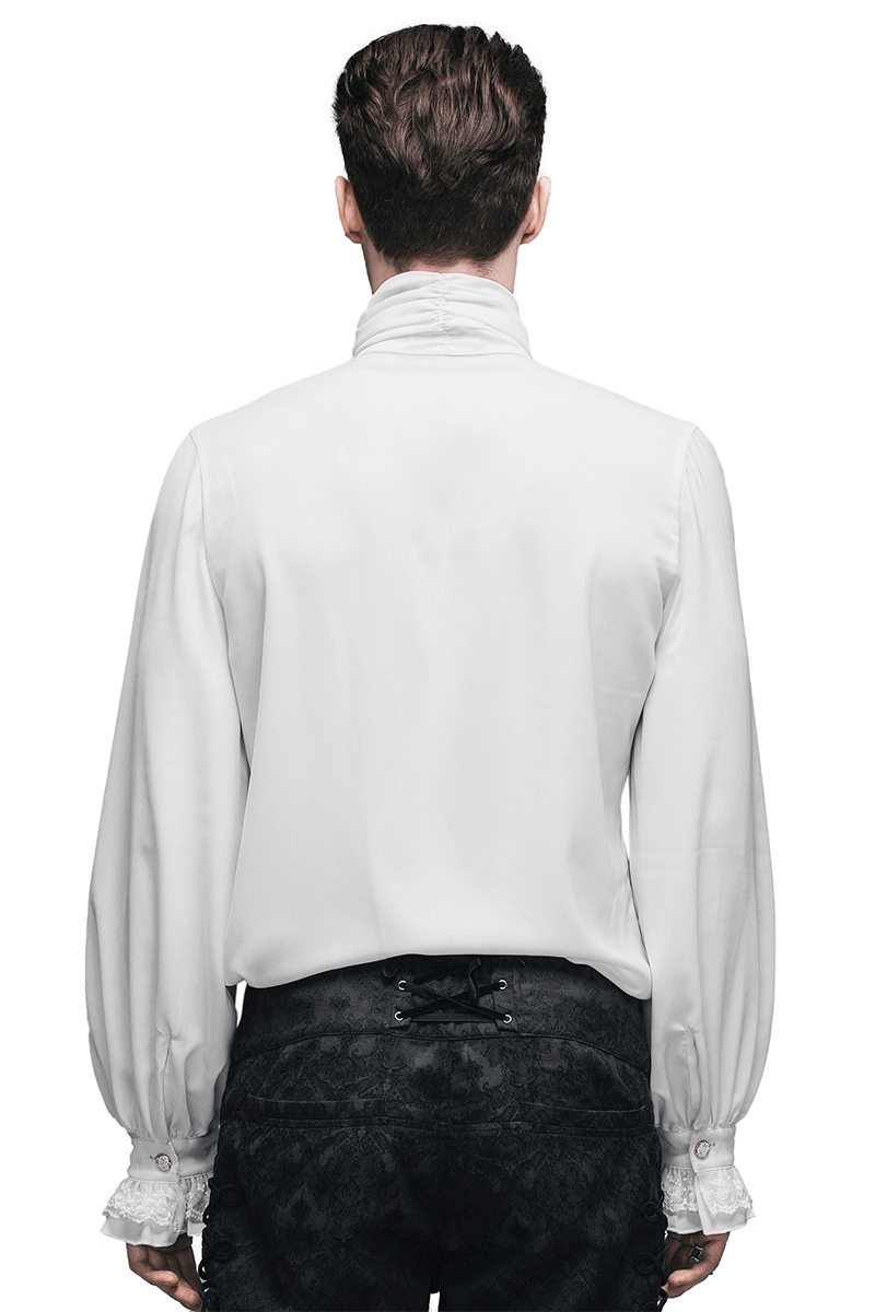 Rear view of a man wearing a white vintage steampunk shirt with ruffled sleeves, highlighting gothic style fashion.