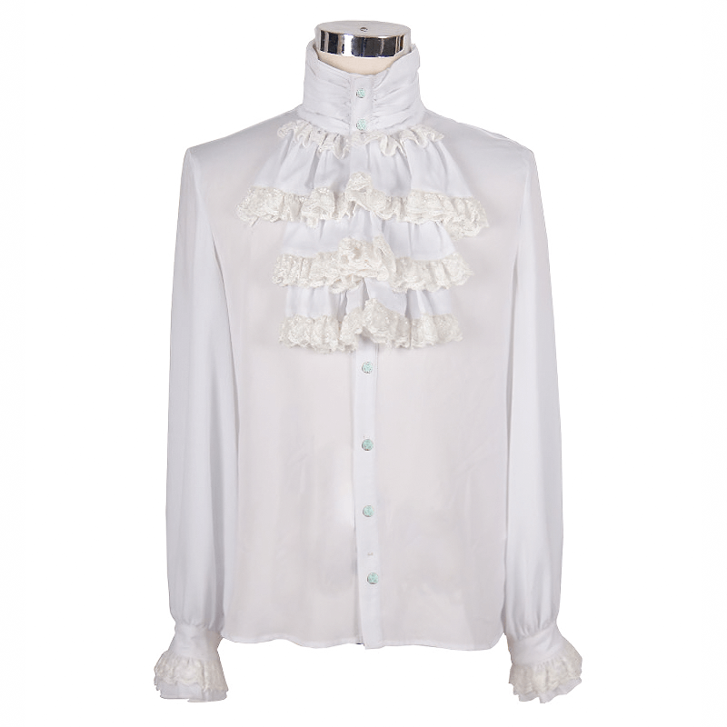 Steampunk male vintage white shirt with ruffles, long sleeves, and a gothic style for men.