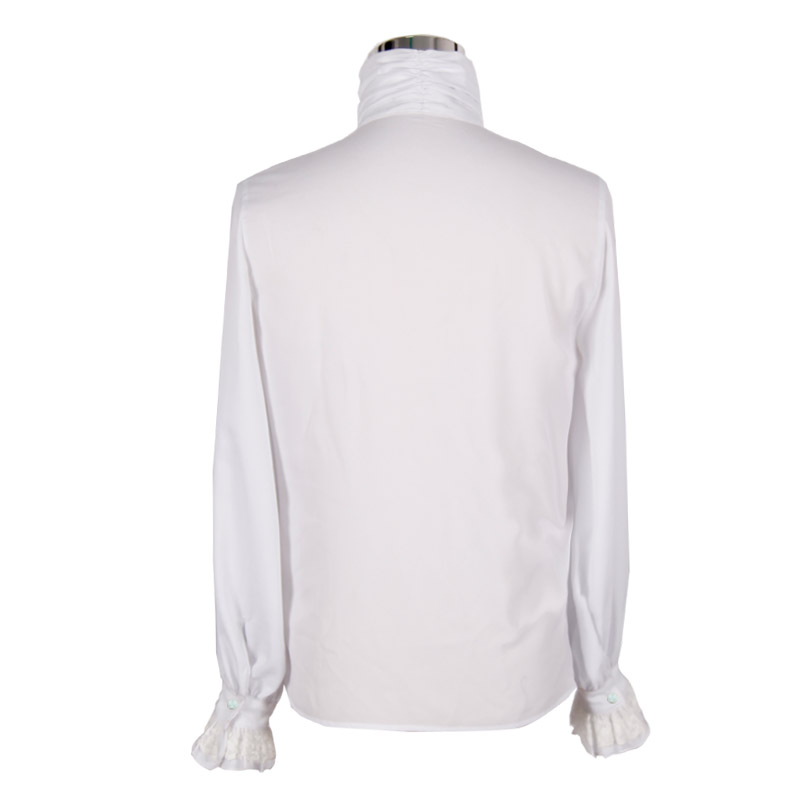 Back view of a men's vintage gothic white flounce tie shirt with long sleeves and ruffled cuffs.