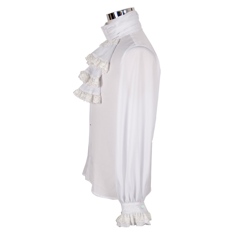 Side view of a stylish steampunk white flounce tie shirt with vintage ruffles for men, perfect for gothic wardrobes.