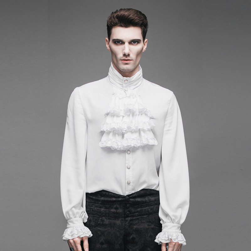 Steampunk male model in white vintage flounce tie shirt with ruffles, ideal for gothic fashion lovers.