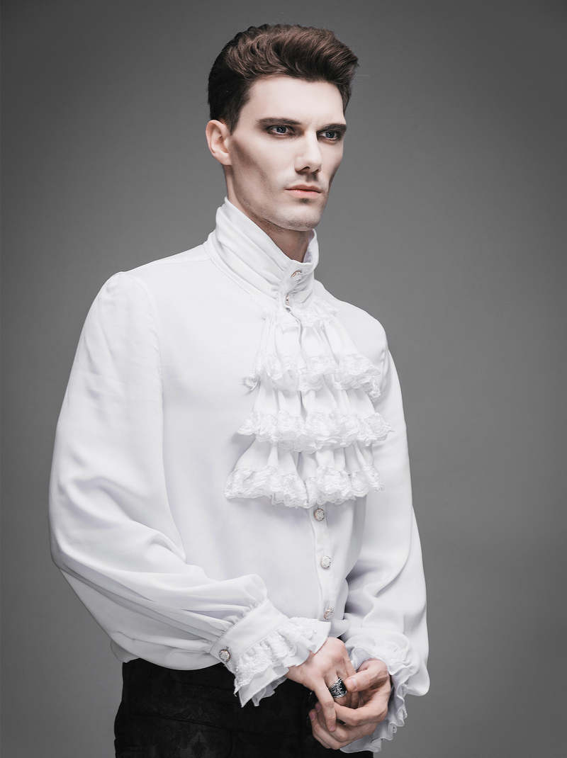 Gothic men's vintage white flounce tie shirt with ruffles and long sleeves, perfect for steampunk wardrobes.