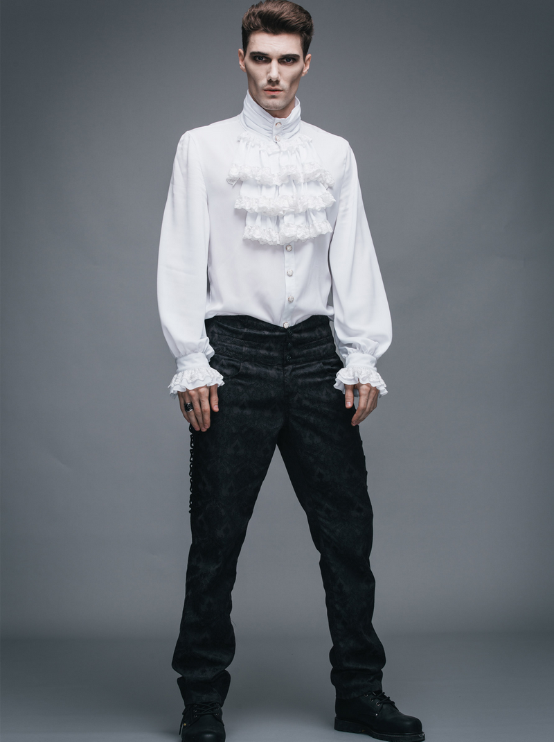 Steampunk men's vintage white shirt with ruffles, long sleeves in gothic style for trendy wardrobes.