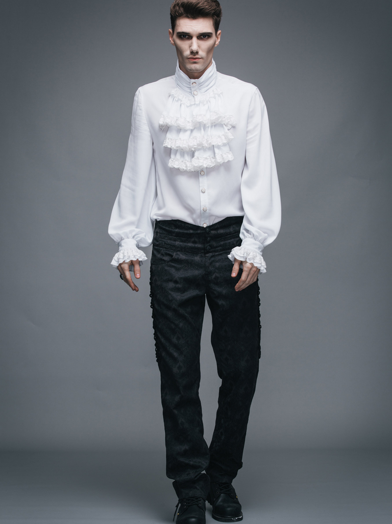 Steampunk men's white flounce tie shirt with vintage long sleeves, perfect for gothic style fashion.