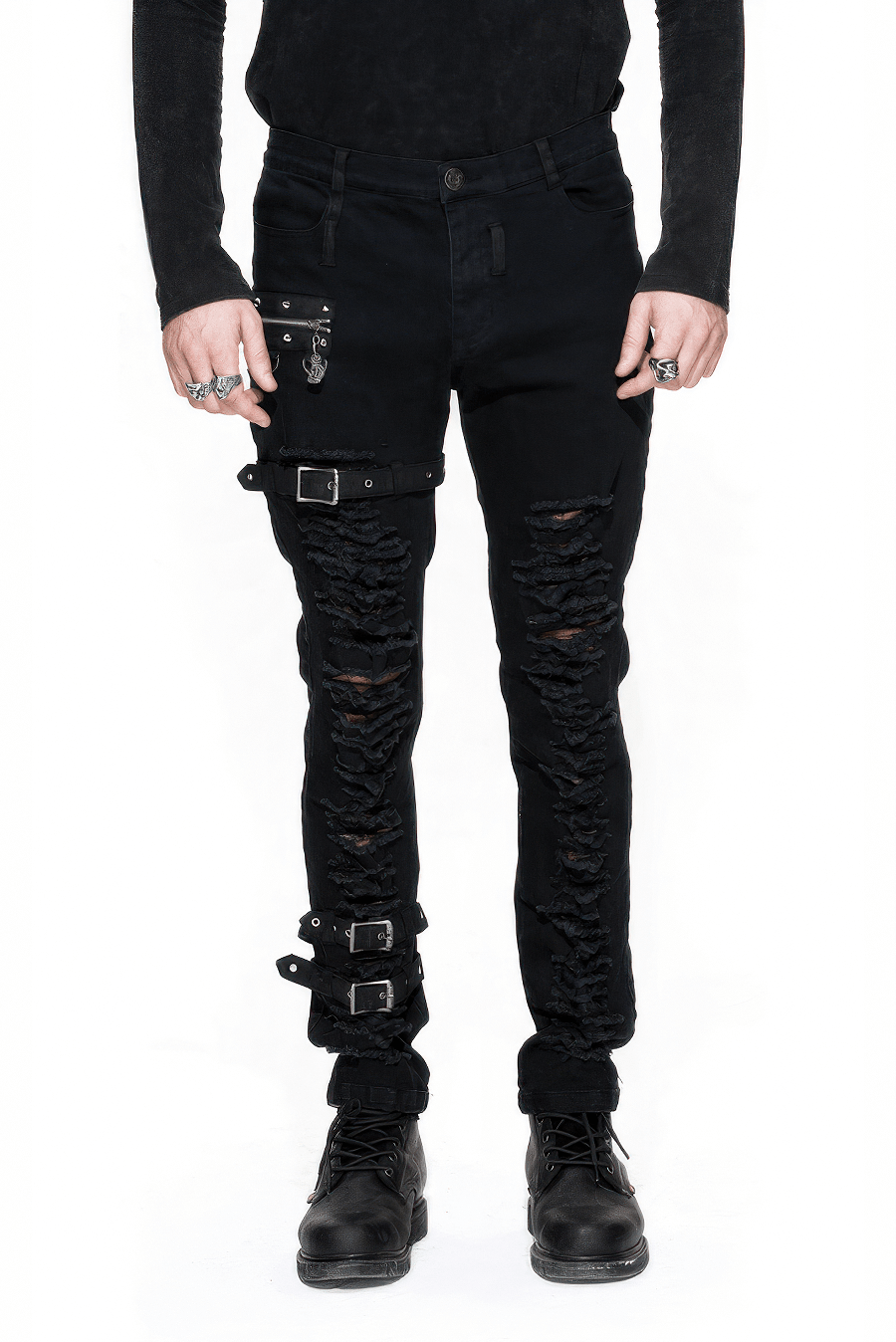 Men's black gothic ripped steampunk pants with unique buckle details and a slim fit design.