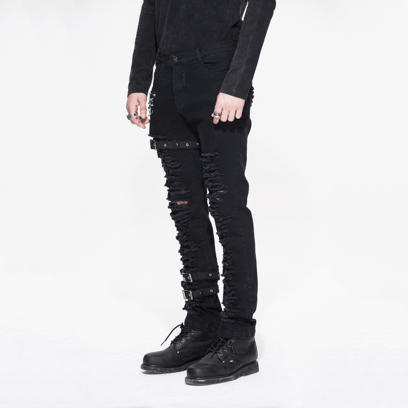 Men's black gothic steampunk ripped pants with zip and belt decor, showcasing a slim fit and edgy rock style.