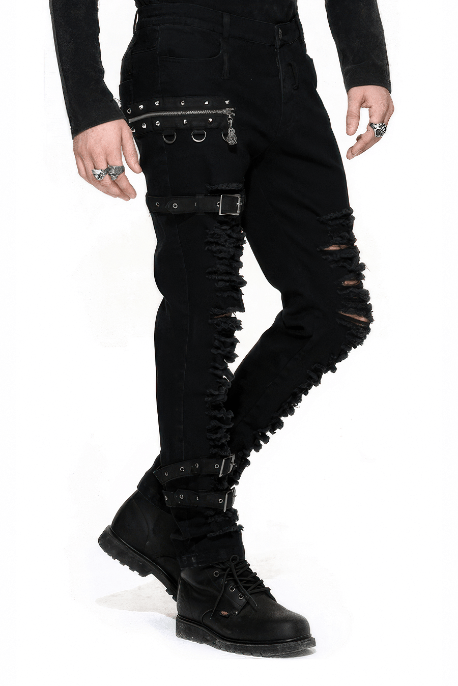 Men's black gothic ripped steampunk pants with zip and belt details, perfect for a rock style look.