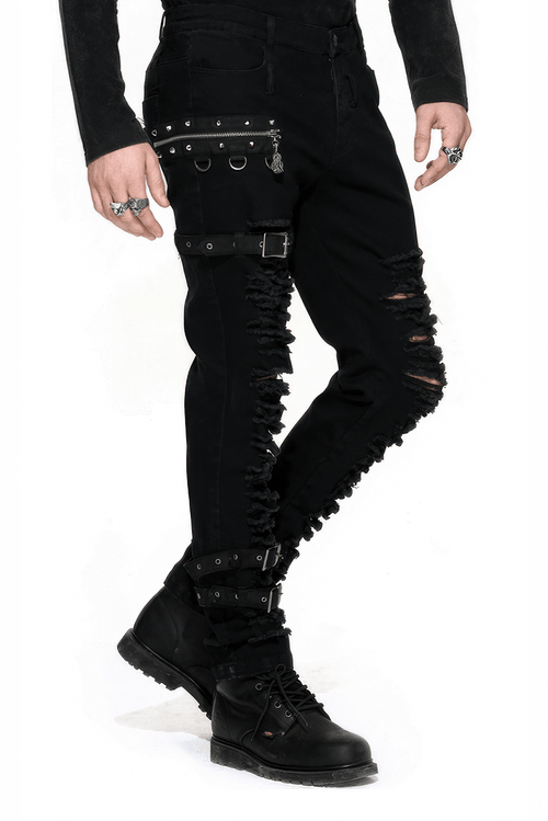 Steampunk Men Black Gothic Pants / Rock Style Slim Fit Ripped Pants