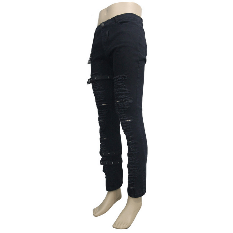 Men's black gothic steampunk ripped pants showcasing a slim fit and unique zip and belt decor.