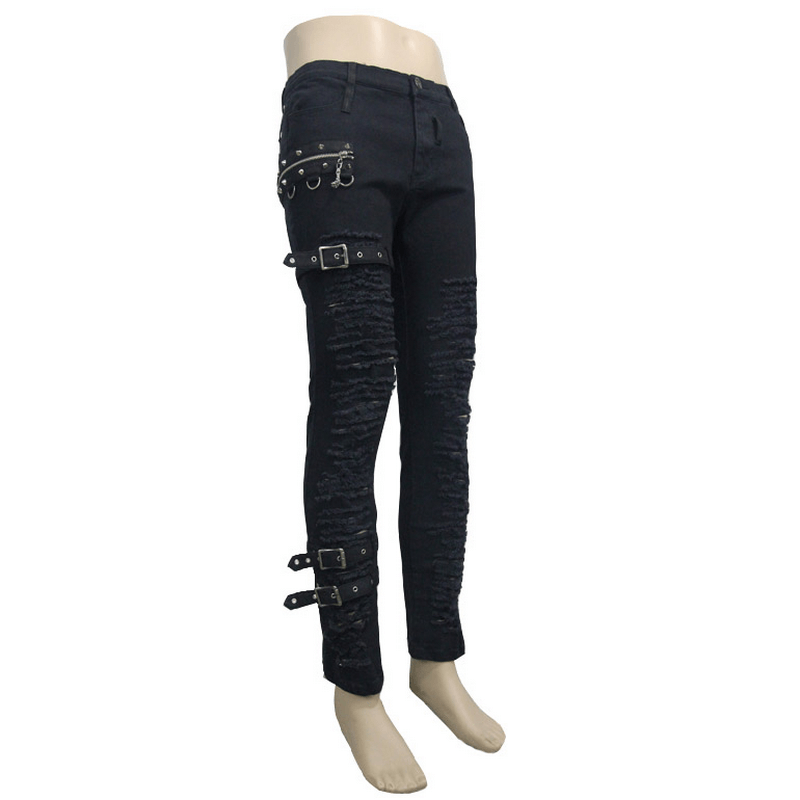 Steampunk men's black gothic pants with ripped design and belt decor for a rock style look.