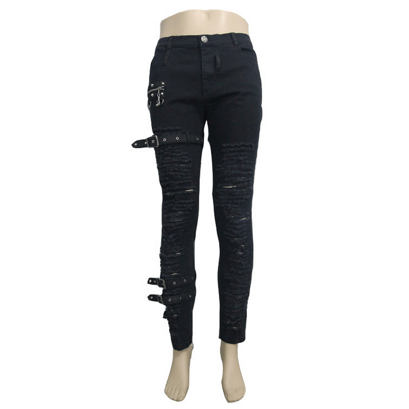 Steampunk men’s black gothic ripped skinny pants with zip and belt decor for a bold rock style look.