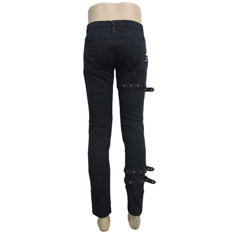 Back view of Steampunk men black gothic pants featuring ripped design and zip decor for a rock style look.