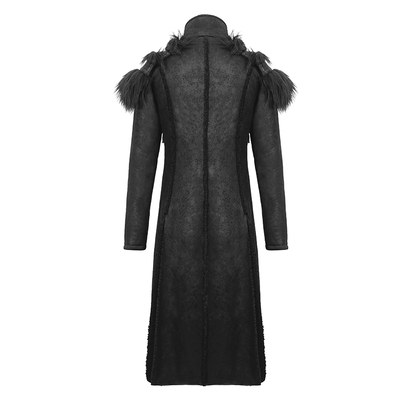 Back view of a stylish black steampunk men's long winter coat with removable fur shoulder accents.