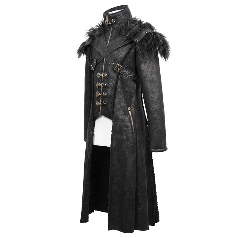 Steampunk men's long winter coat with removable shoulders and fur inserts, perfect for stylish winter outfits.