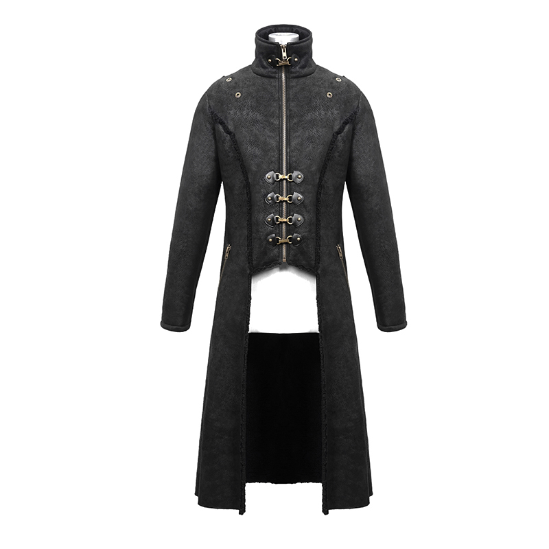 Steampunk men's long winter coat with removable shoulders and fur inserts, perfect for stylish outfits.