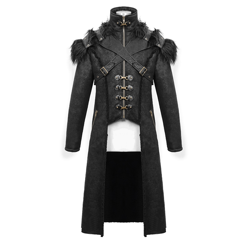 Steampunk men's long winter coat with removable shoulders and fur accents, perfect for stylish winter outfits.