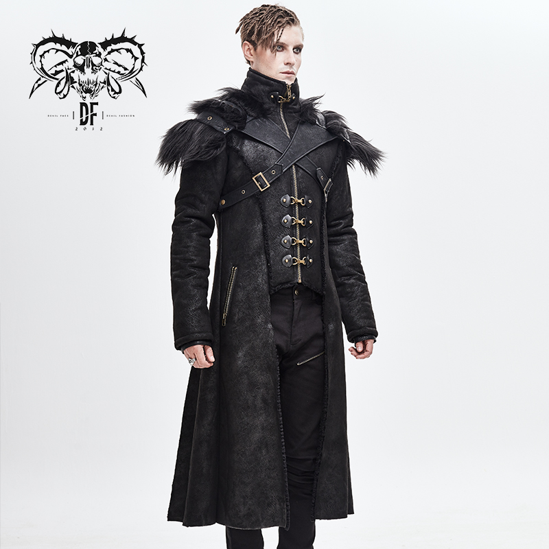 Steampunk men's long winter coat with removable shoulders and fur inserts, perfect for stylish winter outfits.