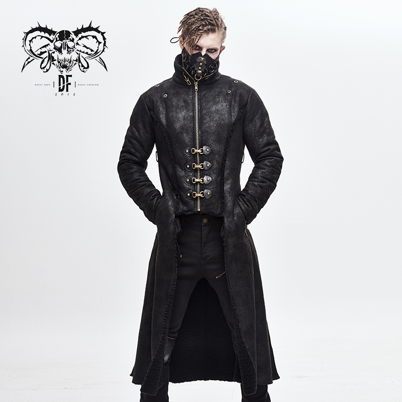 Stylish steampunk men's long winter coat with removable shoulders and fur inserts, perfect for retro outfits.