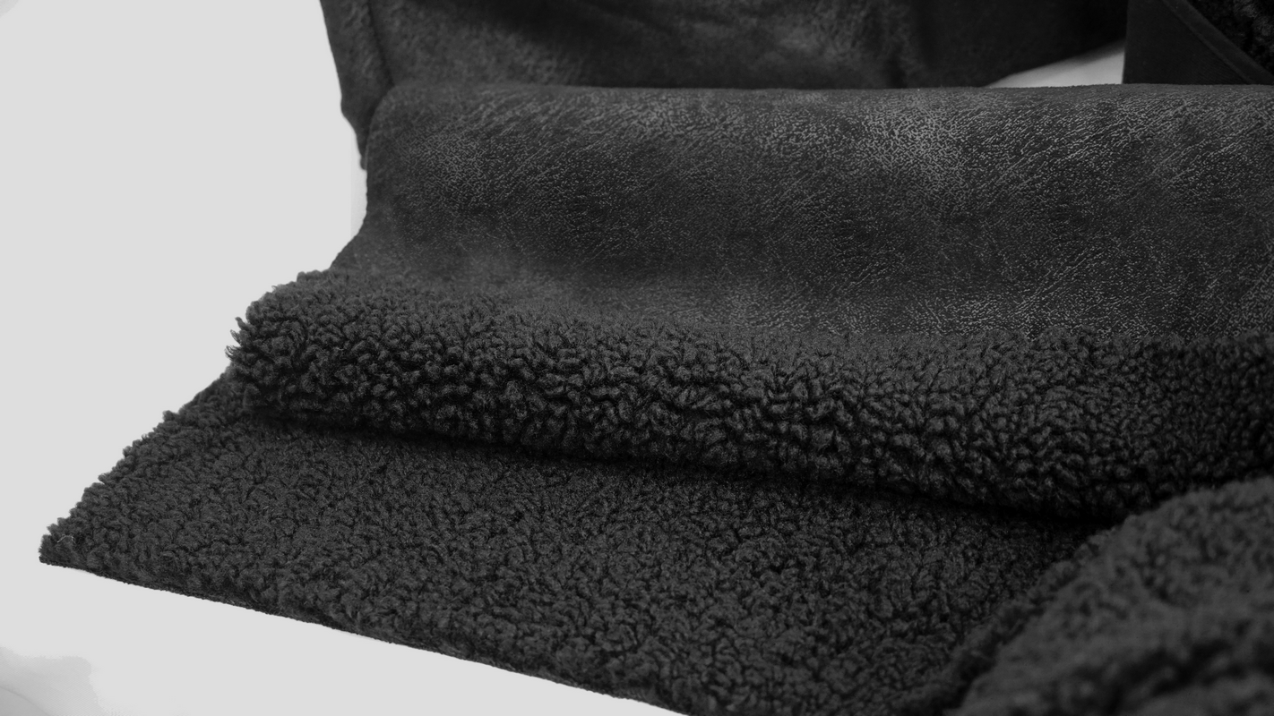 Close-up of luxurious black faux fur fabric and leather, perfect for steampunk winter coats.