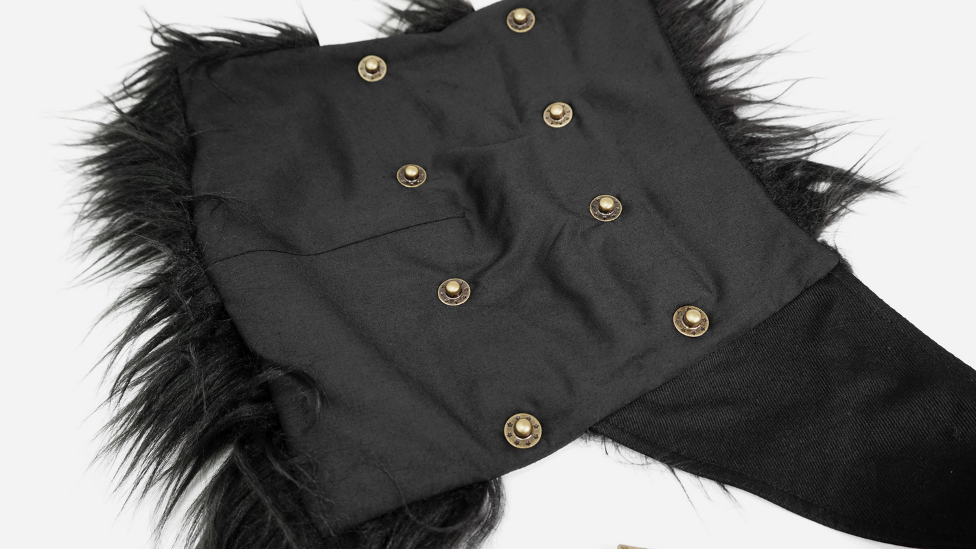 Close-up of black steampunk coat fabric with fur inserts and metal buttons for a vintage look.
